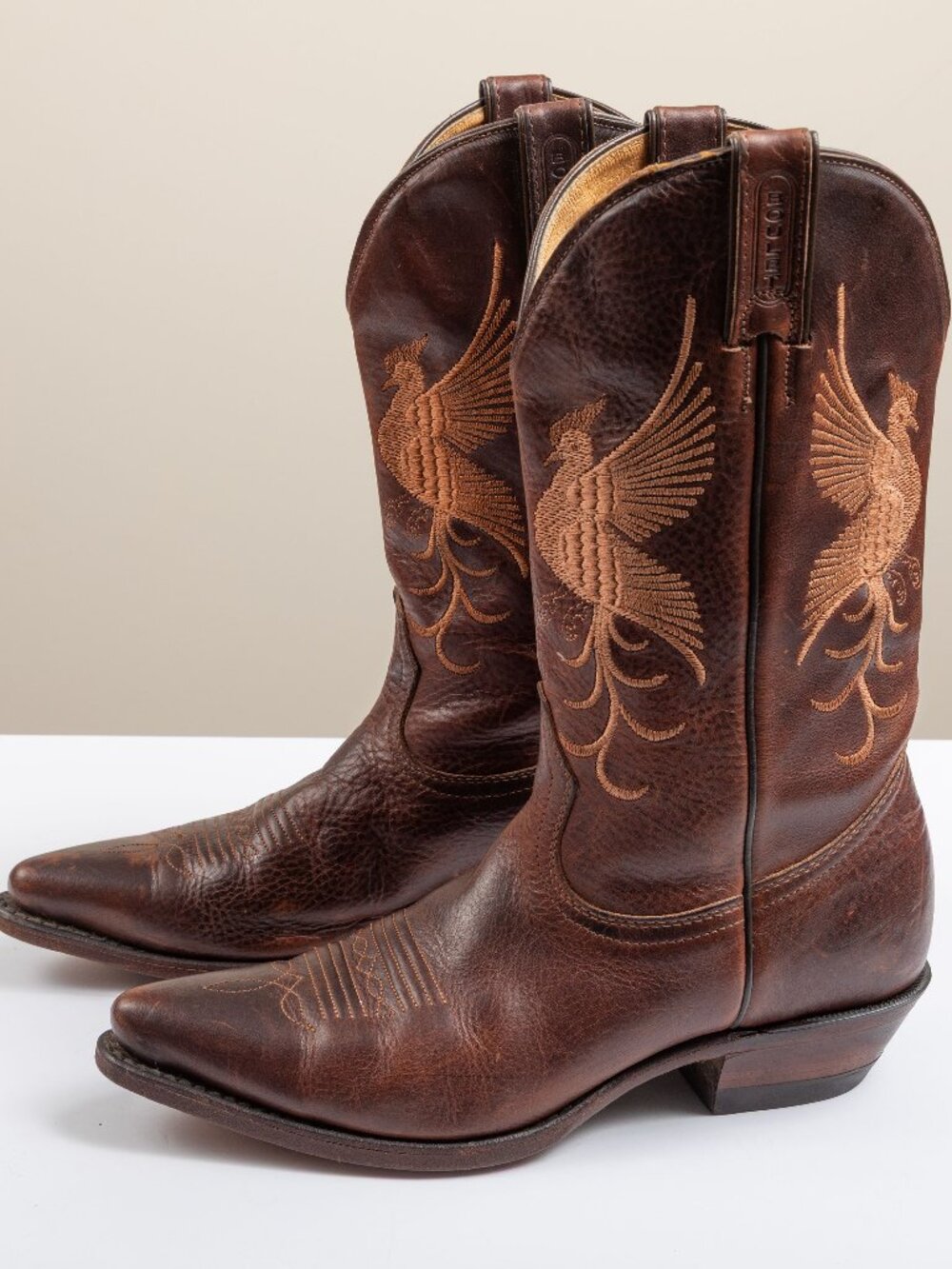 Vintage Boulet Canada Western Cowboy Boots 9 C Brown Embroidered Roadrunner Bird